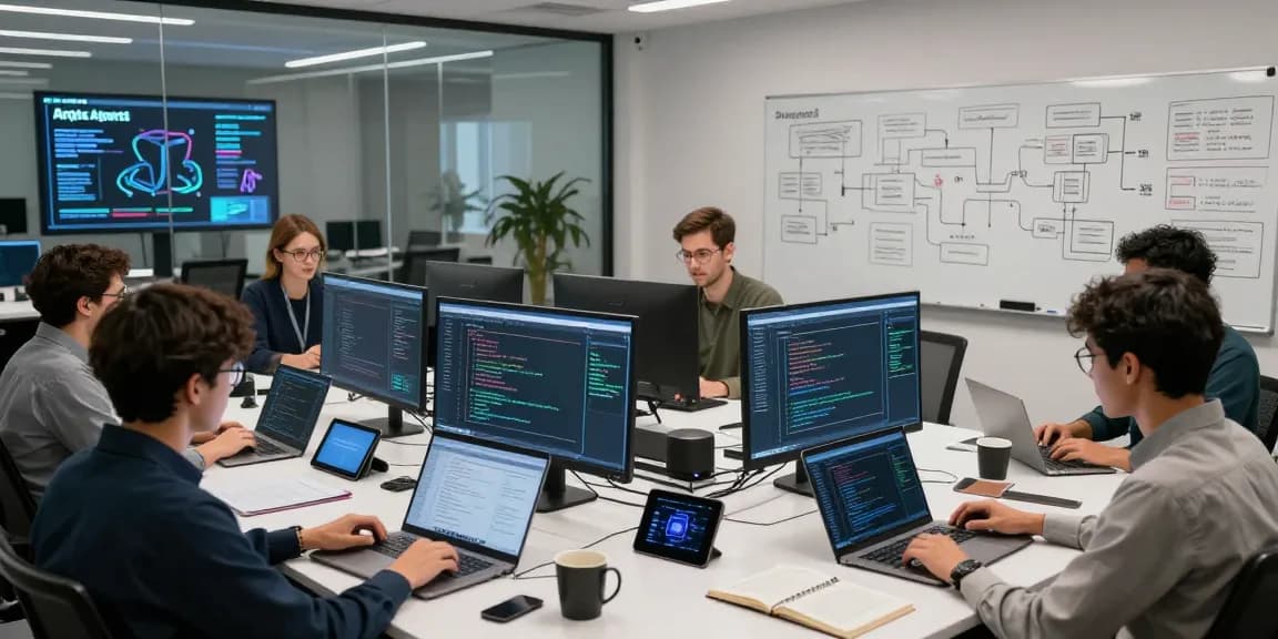 AI Agent development team collaborating in a modern tech workspace with advanced screens and devices.