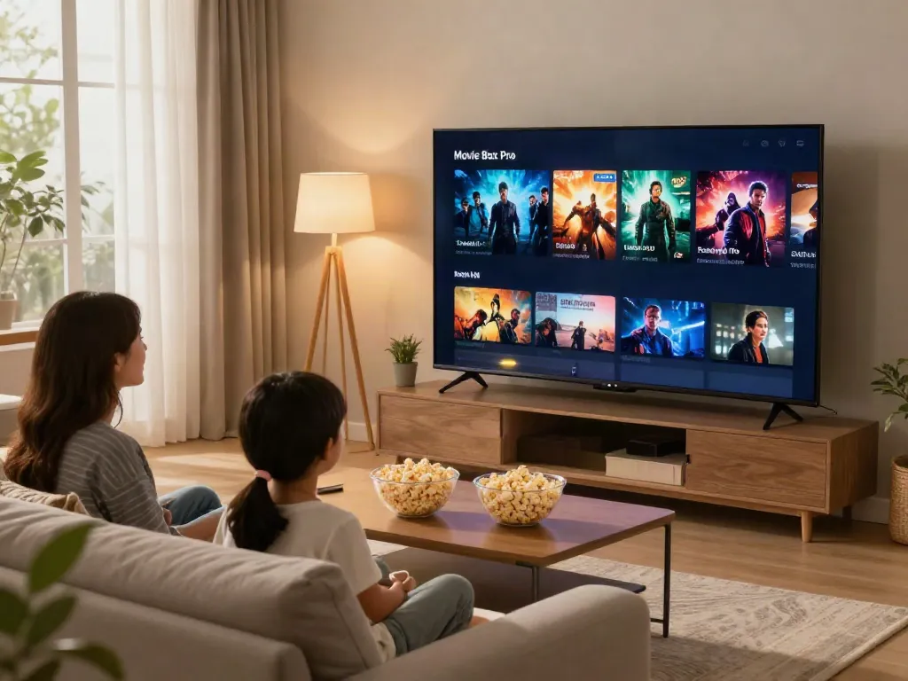 Family enjoying a movie using the Movie Box Pro app on a smart TV in a cozy living room.