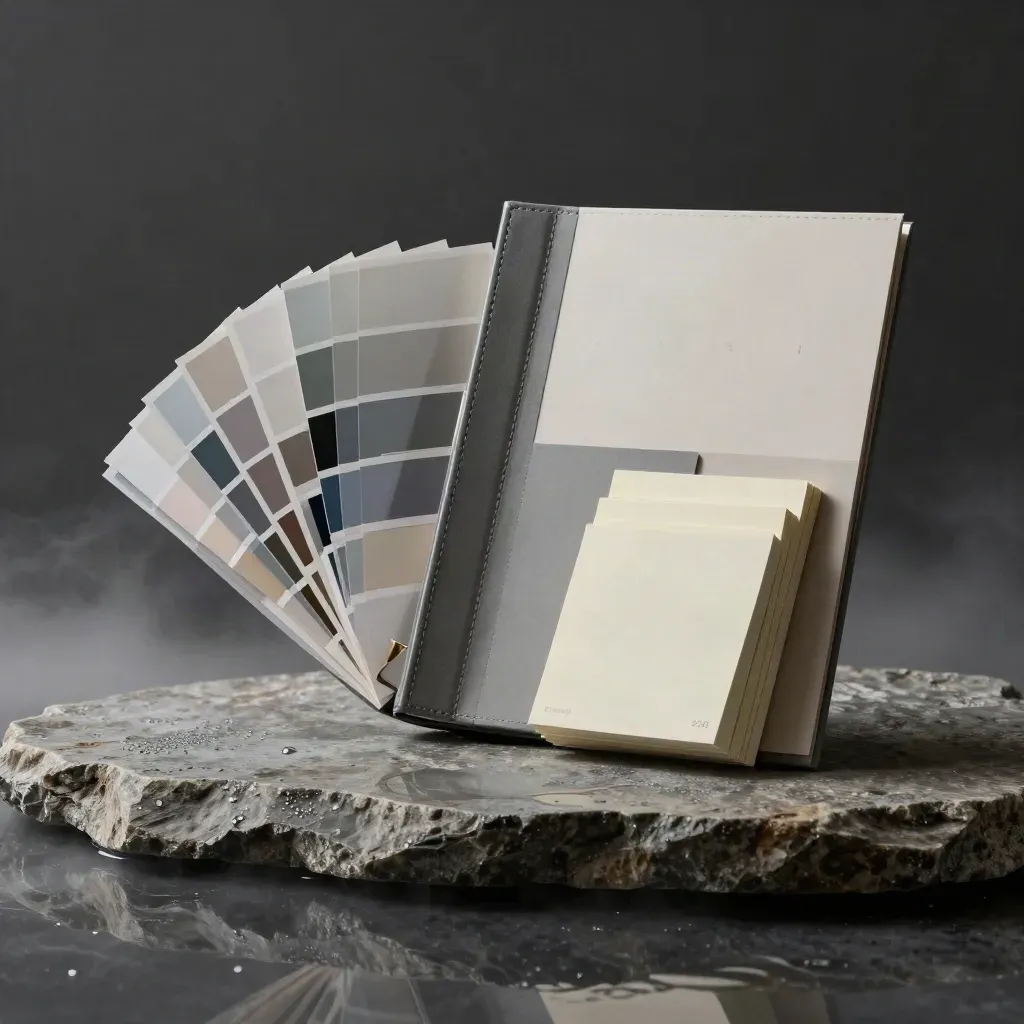 Gray strategy binder with swatches and overlay sheets on wet limestone in dim studio light