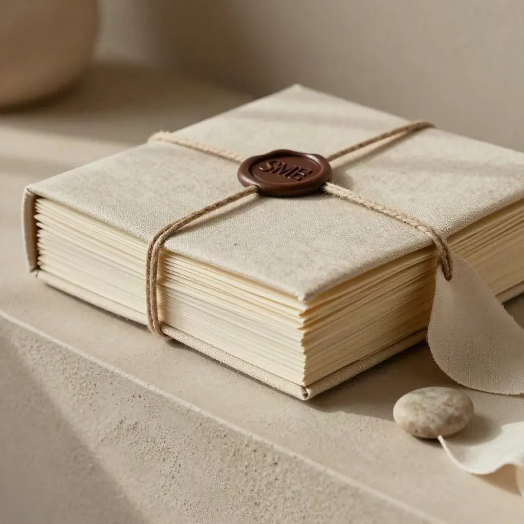 Ivory strategy pack in linen slipcase with muslin folds and stone weight, close macro detail.