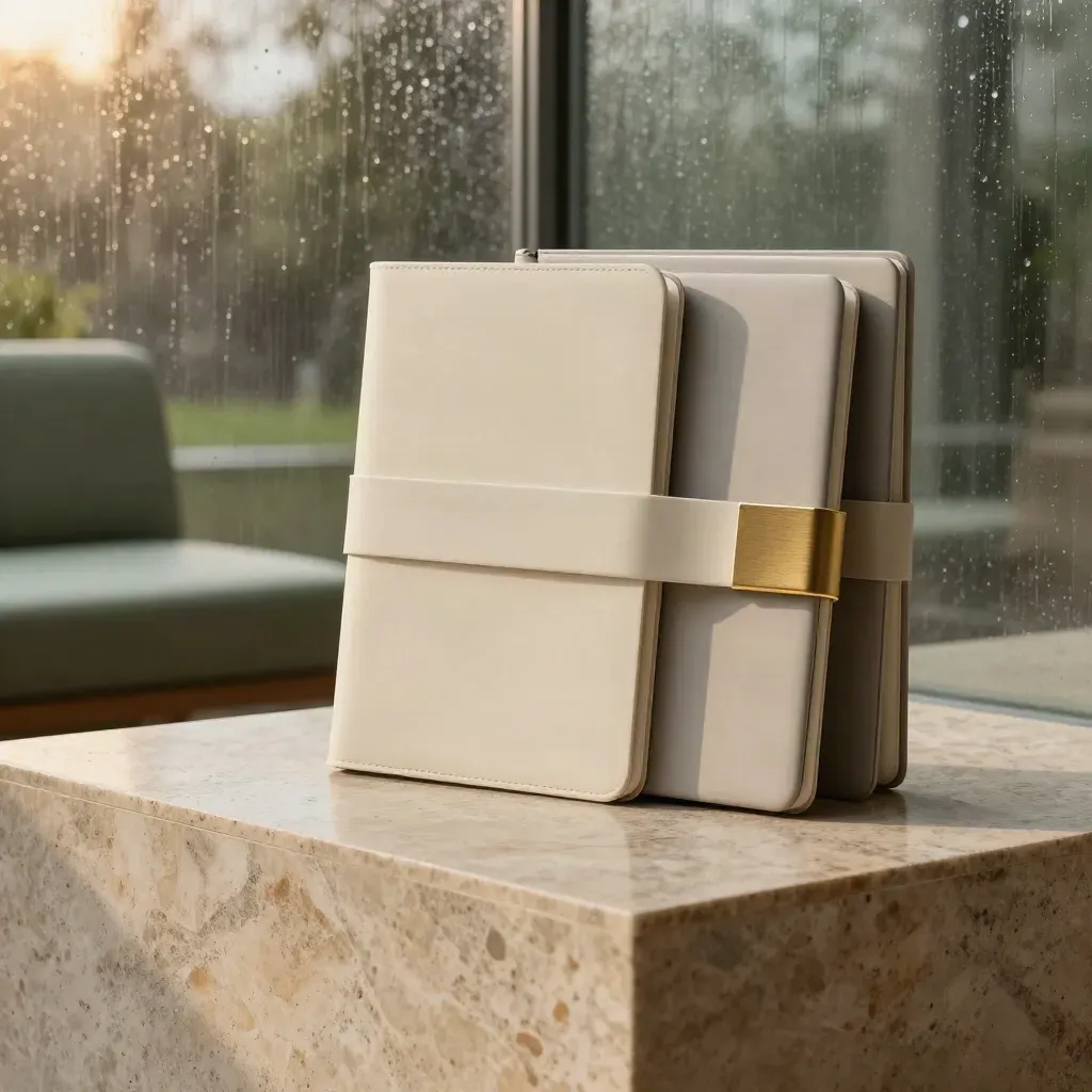 Ivory strategy kit case with folio, notebook, divider sleeve and brass clip on stone in soft rain haze.