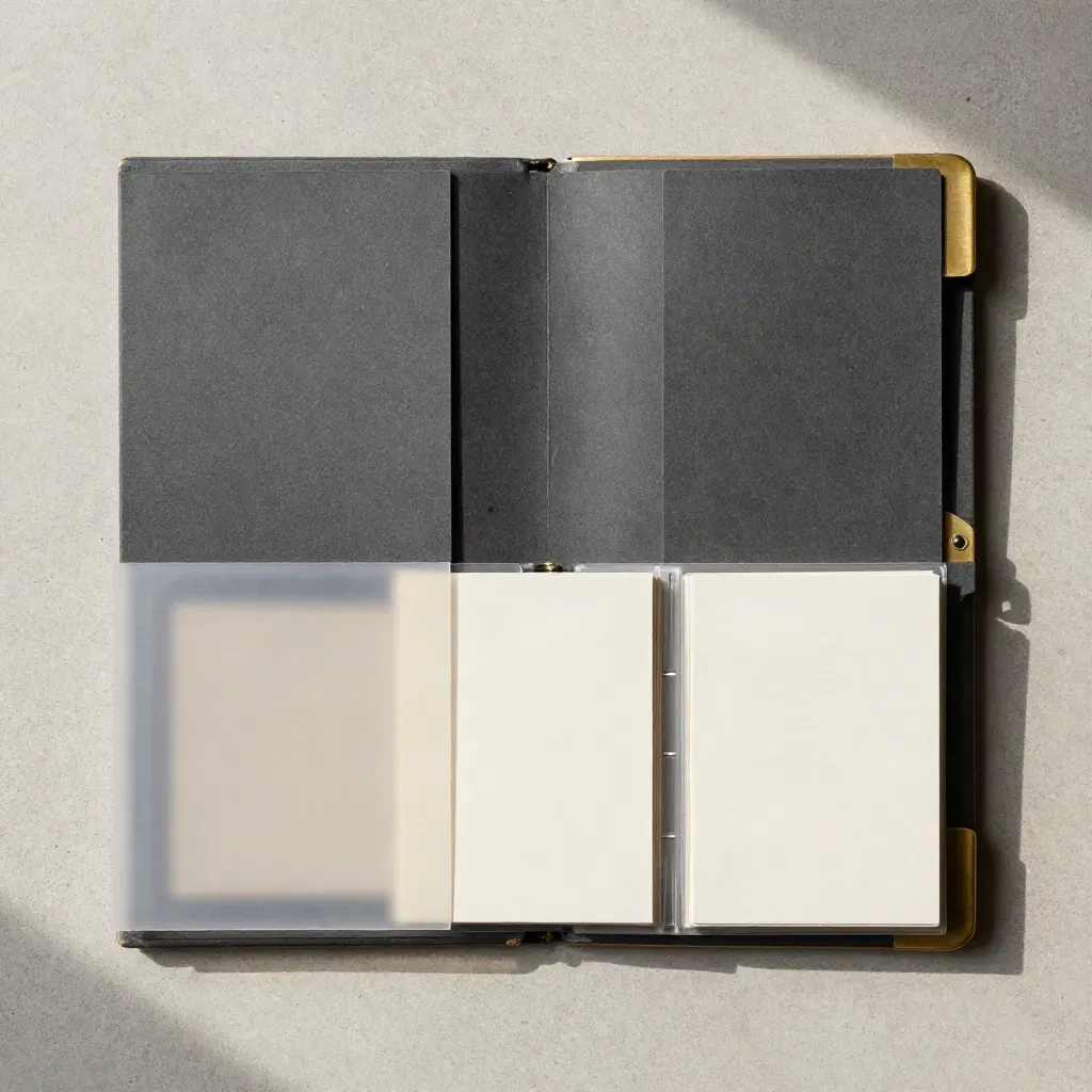 Overhead flatlay of a graphite board deck build folio, insert sleeve and divider cards on pale concrete.
