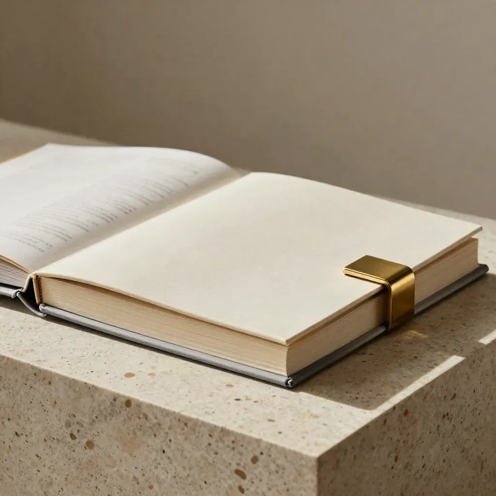 Travertine leadership kit with folios, binder, and brass clip in a low hero shot.