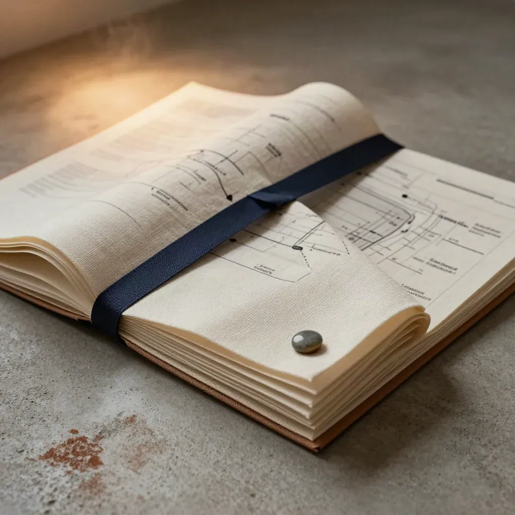 Cream linen strategy pack with ribbon and inserts on brushed concrete, fanned open in soft light.