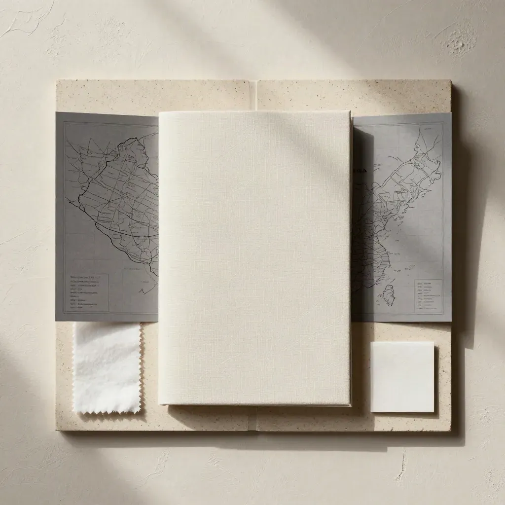 Overhead flatlay of a cream strategy booklet with folded inserts and a swatch strip on plaster.