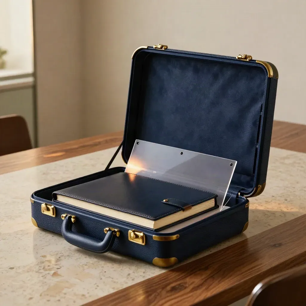 Open strategy pack in a polished boardroom alcove with navy case, gold sleeves, and notebook.