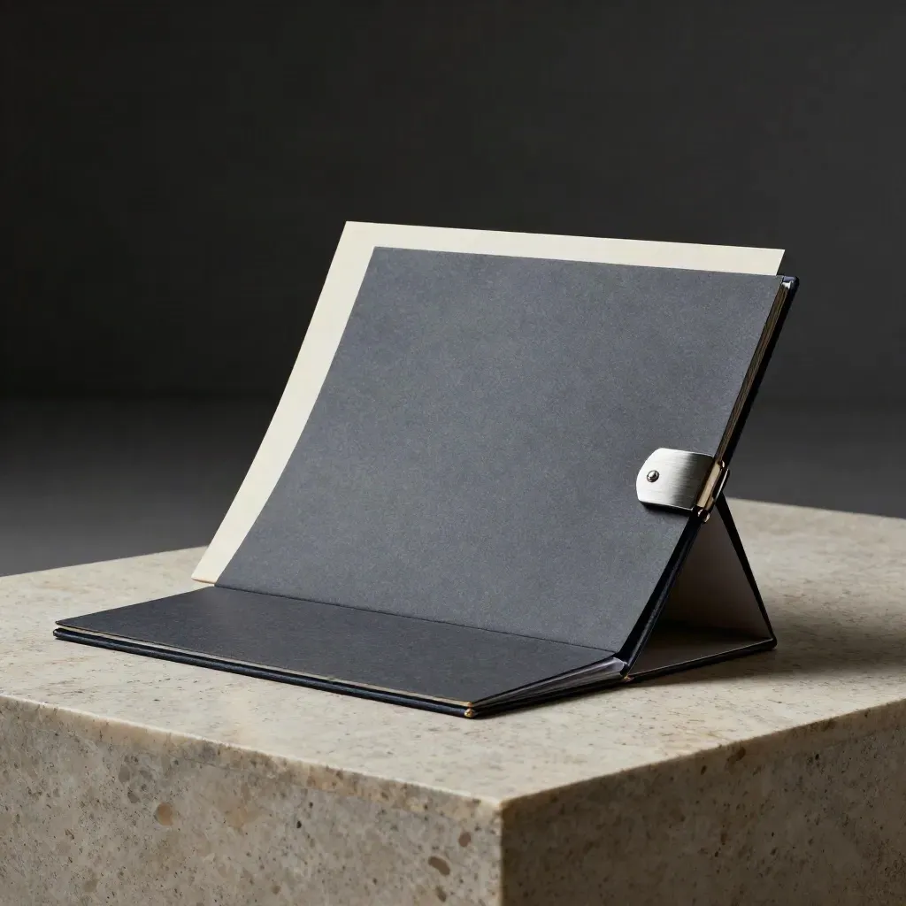 Graphite investor deck folio opening on travertine plinth with clasp, sleeve, and soft haze.