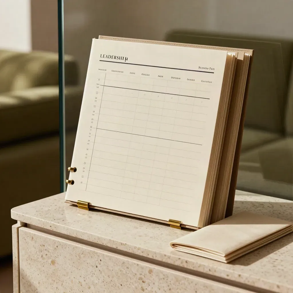 Ivory leadership scorecard kit with brass clip on travertine, shot low against a blurred office backdrop.