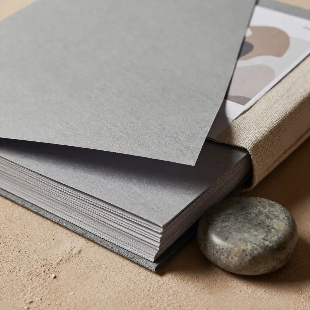 Slate paper dossier with linen sleeve and stone weight on rough plaster, macro close-up.