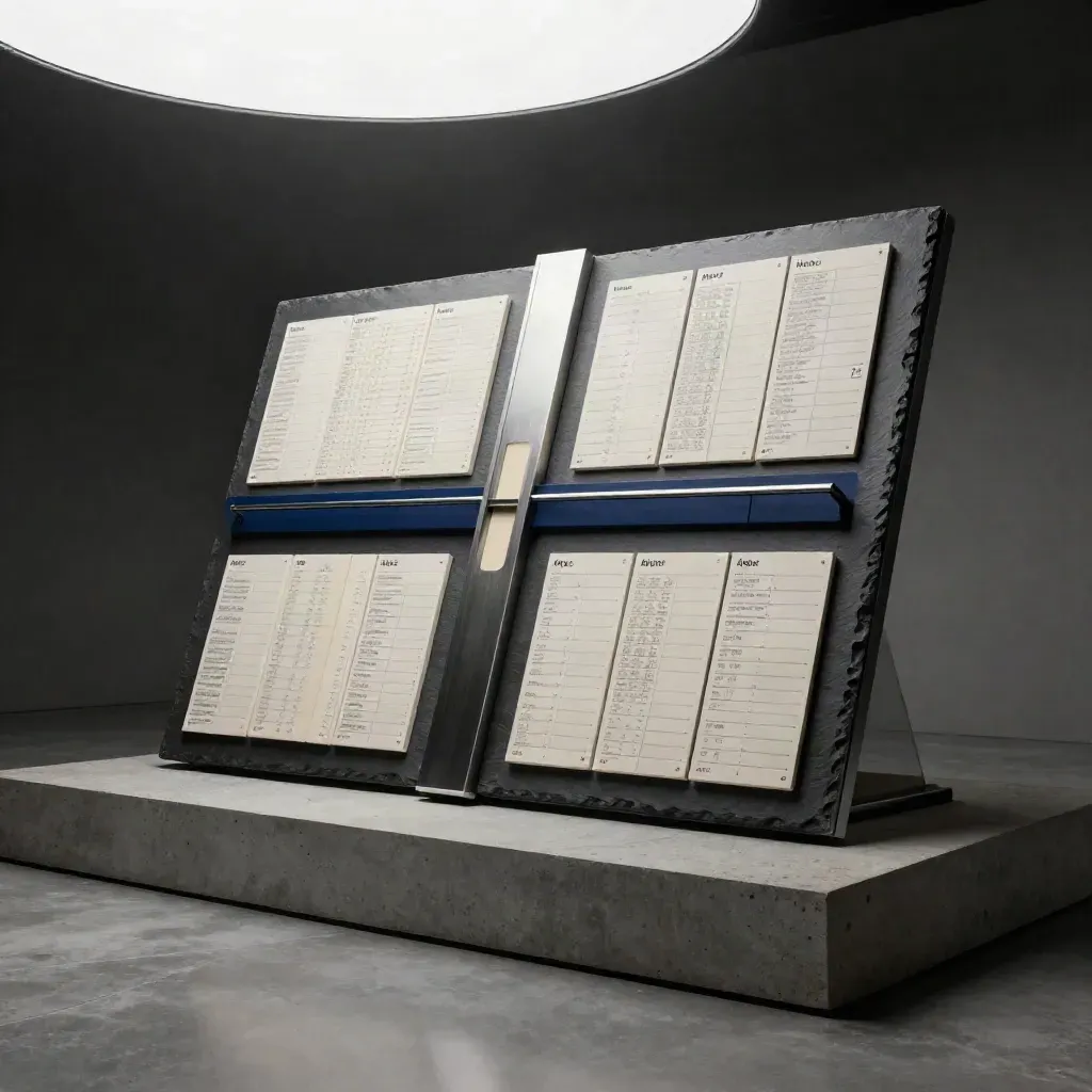 Slate ops metric board with modular KPI panels rising from concrete in dramatic studio light