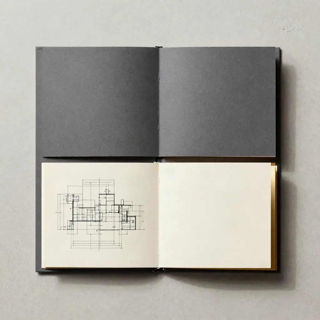 Overhead flatlay of a launch plan booklet, inserts and gold-edged sleeve on concrete.
