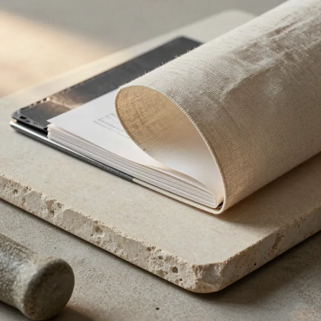 Macro of a pale stone review dossier with linen wrap, slate folder and stone weight on warm concrete.